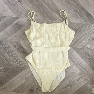 Butter yellow solid and striped belted swimsuit